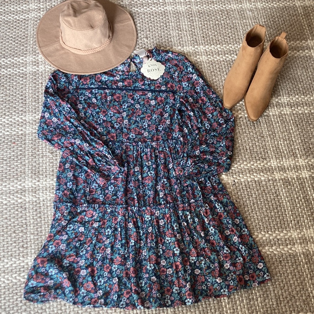 Knox Rose Size Medium Indigo Ink Boho along Bell Sleeve Floral Print Dress NWT